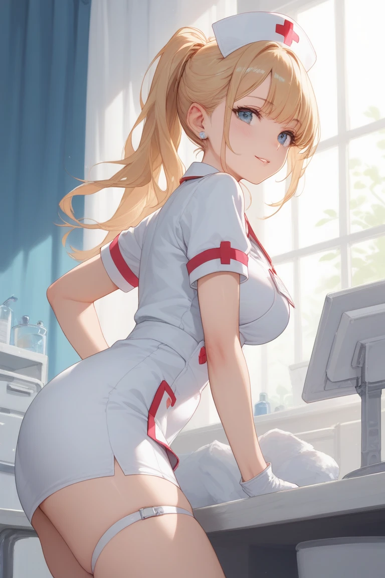 [[[[1girl]]]],ultra-detailed, masterpiece,hospital room,white nurse,nurse uniform:1.1,(((all white dress))), kawaii,bangs, (jewel-like blue eyes:1.4) and hair,french braid hospital,breasts,nurse ,short_sleeves, looking_at_viewer, light_open_mouth, stand_up, solo, nurse,dissolving dress,  <lora:SilvermoonMix2:1>