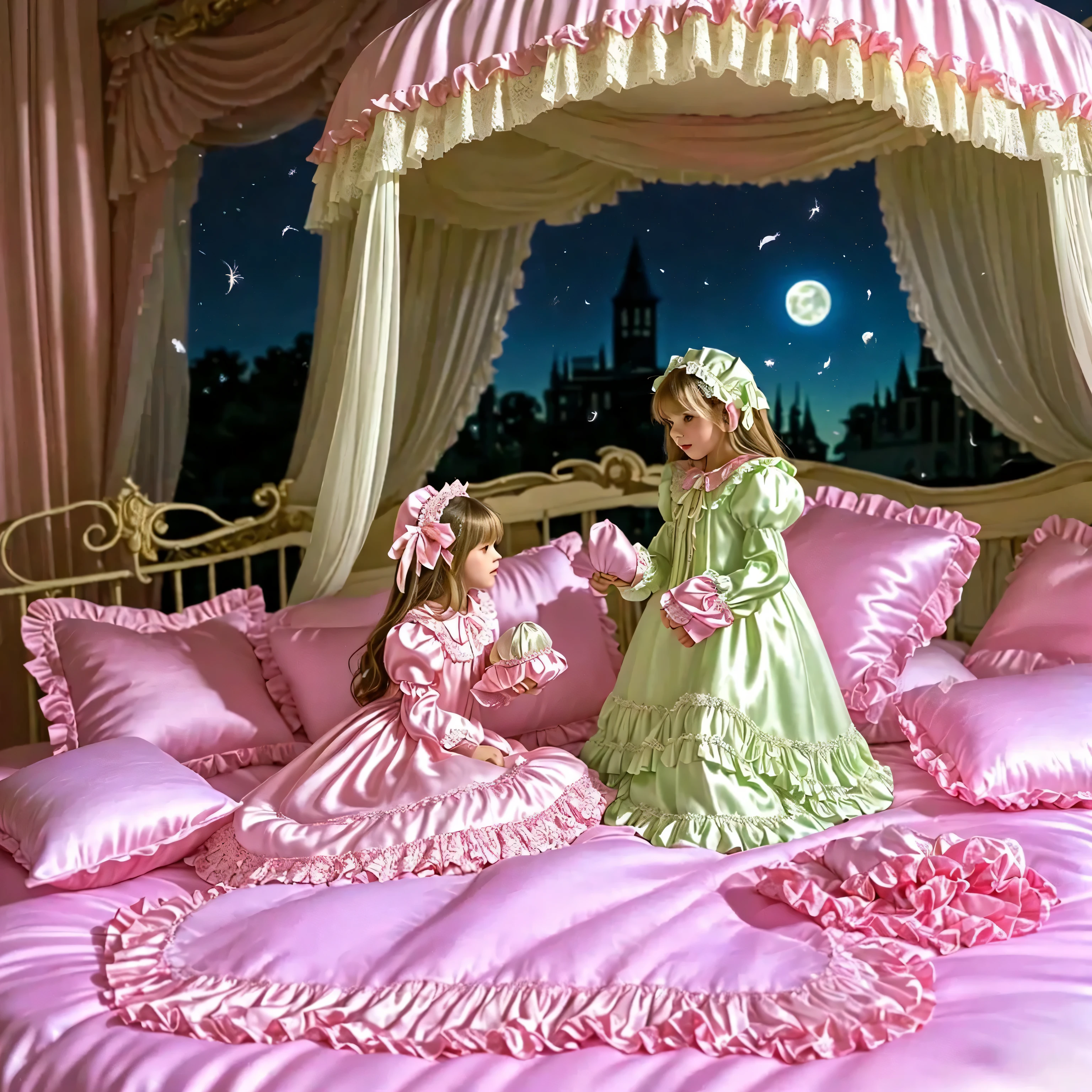 highest quality, masterpiece, highest resolution, artwork, super get used to it, many become familiar with, become familiar with, get used to it,change,before bedtime, ,little girl, on the bed,((cute girl on a big bed)),((As a child )), ((little girls pillow fighting on the bed,pillow fight:1.2,)),they have a frilled silk satin pillow,((lot of white feather flying,detailed realistic feather:1.0))((ten years old)),european,((blonde very longhair:1.0)),(((white nightgown with lot of frills and ribbons,1920 style victorian nightgowns:1.2))),((frilled Nightcap with ribbon)),((detailed Yoke collar with ruffles and ribbons,detailed ruffed placket:1.0)),((Long sleeves,puff sleeves with ribbons,frilled sleeves)),((frilled Long skirt up to the ankle:1.0)),((The whole body is reflected)),(inside the palace),(in the bedroom at night),Detailed Night view and moon in the window,Before bedtime,White ruffled socks, Big Bed with Lots of frilled pillows,luxurious canopy bed , ,Four-poster canopy bed,King Size Bed,Bigger bed,frilled pillows,More pillows, soft and smooth comforter,round puffed comforter,Ruffle Lace Silk.retro white pipe bed frame, realistic,((Out of frame bigger King Size Bed:1.2)), curtain with ruffles ,