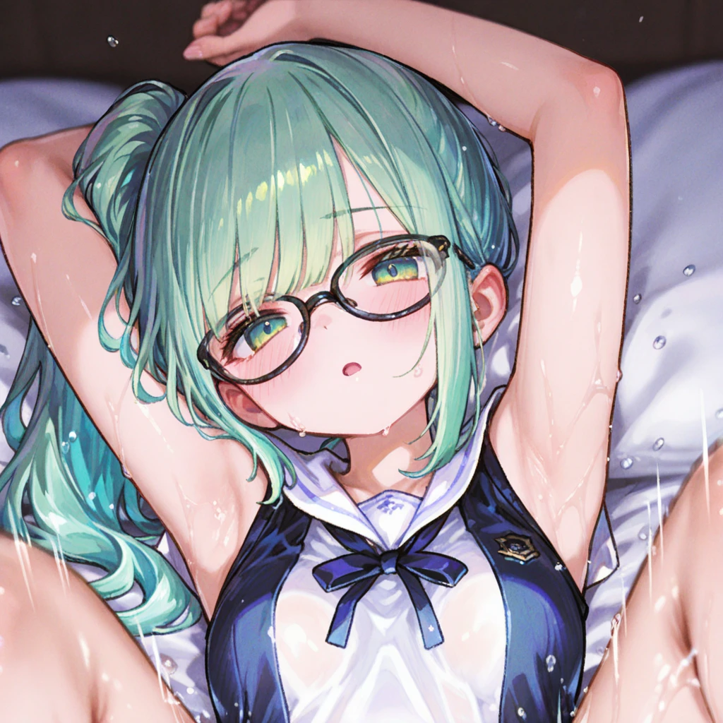 highest quality,wonderful,finely,extremely detailed CG Unity 8K wallpaper, (1 girl, blue eyes), ((largest breast)),(huge breasts:1.2), (black school swimsuit:1.3), (bare shoulders:1.1), (clavicle:1.1), (semen:1.2), (loli:1.5),(sperm:1.2), (zettai ryouiki:1.2),(constriction:1.2), (Are squatting:1.2),(Nipples),(Nipples visible),  ((cum,sperm,semen)),(((cum on face))),((ejaculation semen)),((ejaculation cum)),(((bukkake))),navy braid hair,arms up,armpit,locker room,(((cum on body))),(((sukumizu))),Glasses,