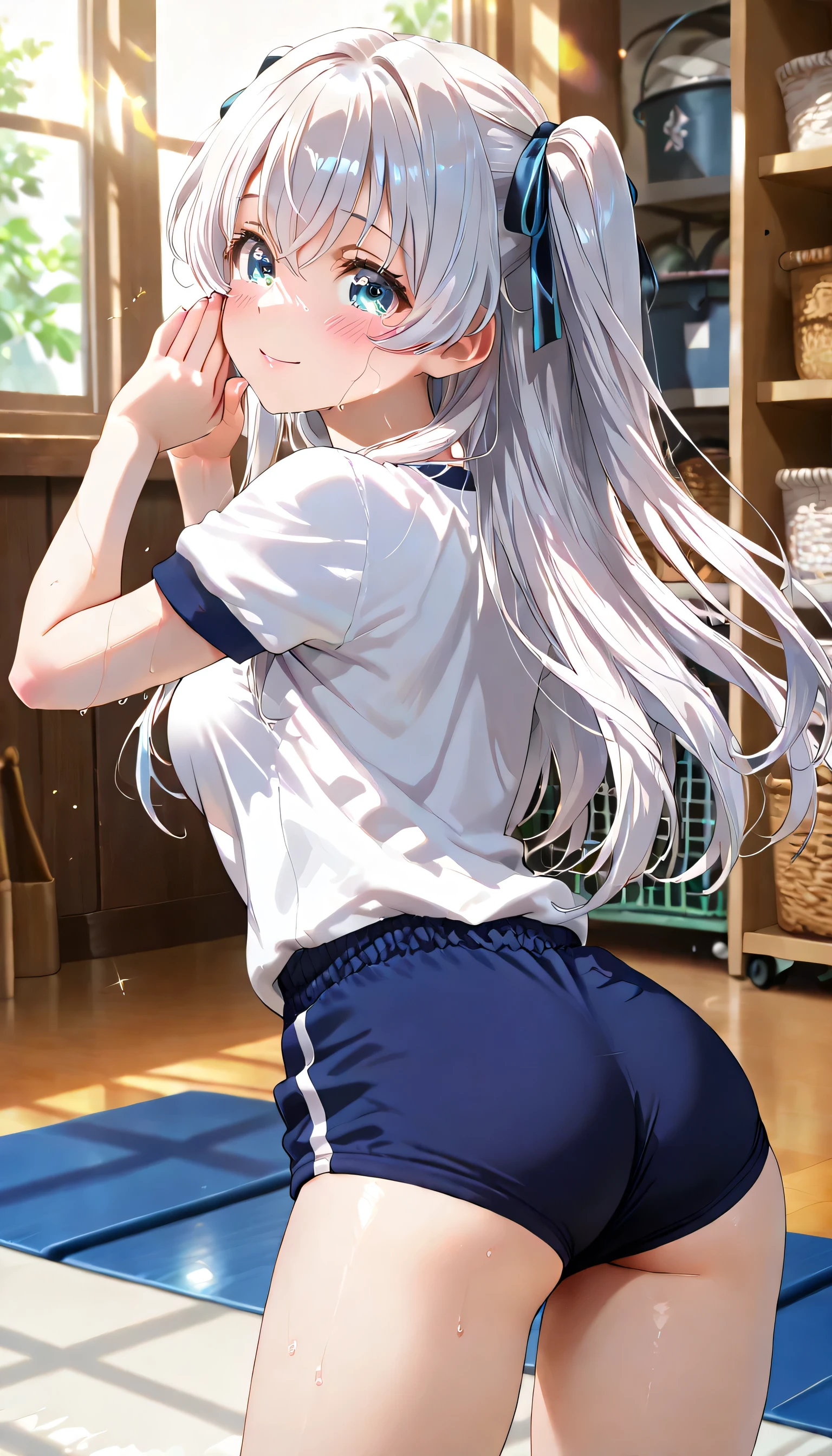 ((ultra-detailed)), (highly detailed CG illustration), (best quality:1.2), ultra-highly, girl, dainty facial structure, (face), (round face), rounded chin:1.2, short stature,, celia-default, celia claire, blue eyes, moist eyes, silver hair color, two side up, (hair ribbon with red), ample breasts, white gym uniform with navy blue rim:1.4, short sleeves:1.4, navy blue school gym buruma:1.4, gentle smile:1.2, blush:1.2, Sweat:1.4, looking at viewer, yoga pose on floor, (yoga pose:1.4), gymnasium storeroom, yoga pose on a gymnastics mat, (from behind:1.4), dynamic pose, contrapposto pose, best quality, expecting, pink cheek, blush, light pink gloss slip, portrait, depth of field, sparkling sunlight, lighting, backlighting, shine, lighting, caustics, ray tracing, perfect face, lustrous skin, highly detailed face, highly detailed eyes, perfect face, perfect nose, perfect hair, perfect eyes, perfect anatomy, beautiful hair, beautiful small face, extremely detailed face, beautiful detailed eyes, beautiful clavicle, beautiful body, beautiful breasts, leavage, breasts squeezed together, equalize the size of the left and right breasts, beautiful thin thighs, beautiful legs, beautiful fingers, ((4 fingers)), 1 thumb, lovely, (very detailed background:1.0), (highly detailed background:1.0), summer aesthetic, intricate details, festival atmosphere, summer colors palette, chromatic aberration