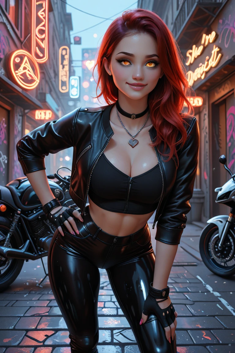 girl with beautiful red hair in a cyberpunk world, pfp, cool hairstyle, beautiful smile, artistic, hyper detailed, anime style, hyper detailed vibrant yellow eyes, styled hair