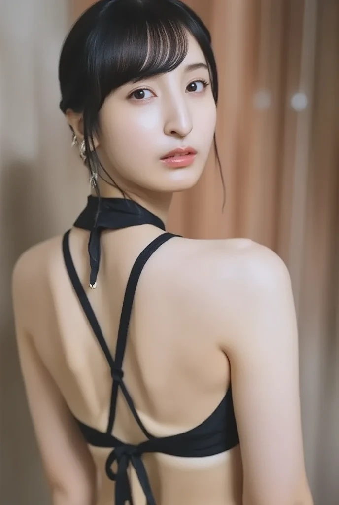 tsuruta ichiro, Narrow-eyed, 1girl in, Allback、deadpan、short-hair、shorth hair、brow、Reluctance、A dark-haired、Tucked Hair Solo, Cowgirl, Onepiece, ((big breasts)), Thin slit eyes、Black eyes, Light shines on the eyes、smile, Black hair, gloves, Dress, Luxurious Jewelry, earrings, sharp eye、 elbow groves,Raise your hands and tie your hair back, random color, random color dress, Makeup for long eyes, Slender eyes、lip stick, Complex petal pattern, Rim Light, Back Light, pastel color,Studio Lighting, no bad fingers or body.