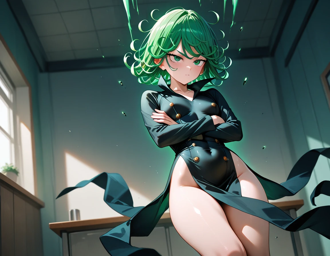 (masterpiece), (high quality: 1.2), real life, real action, 1girl, solo, standing, spread both hands, tatsumaki one punch, green hair, short hair, churly hair, green hair, cute face, girl face, beauty face, full body, perfect body, perfect anatomy, no panty, naked, nude, seen pussy with hairy, black shoes, all in realistic, all in ultra detail, 8k, ultra HD quality, 70mm lens