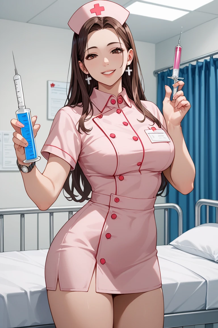 the best quality, 1girl huge large breasts,In a hospital,sickroom,holding a syringe,Pink yarn
