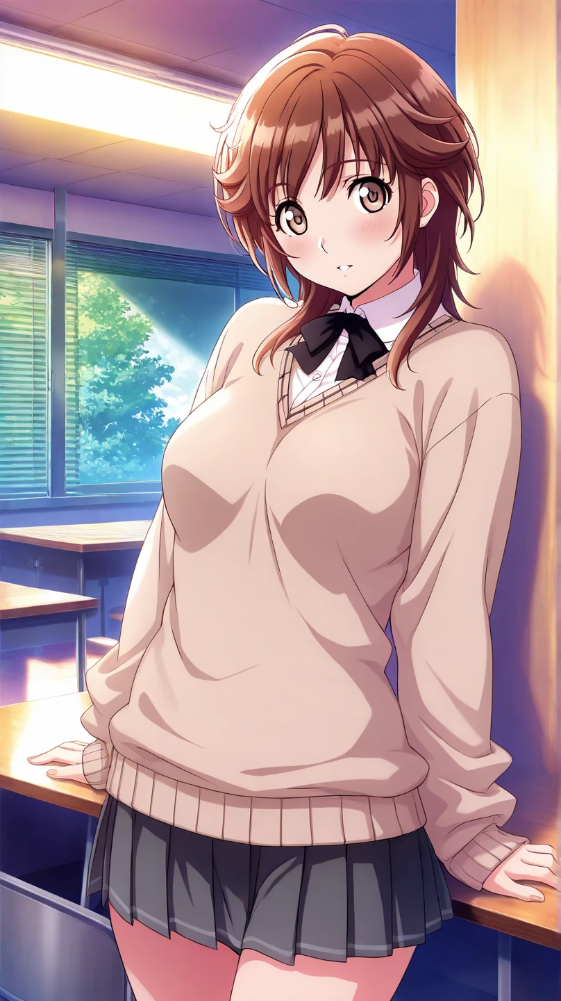 (((pixel perfect, detail perfect))), alone, 1 girl, Misaka Mikoto, tokiwadai , bow, looking at the viewer,, whole body、(Breast Exposure、Nipple exposure、medium breasts))、smile、Tokiwadai Junior High School Uniforms、Touching the groin、白いパンティー