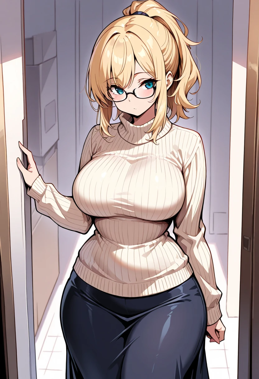 masterpiece, best quality, 1 girl, (14 years old),Brown sweater, denim hot pants, and black tights,yellow hair, short hair, hime cut, blue eyes,{bewitching face}, {{glasses}}, {{big breasts}},