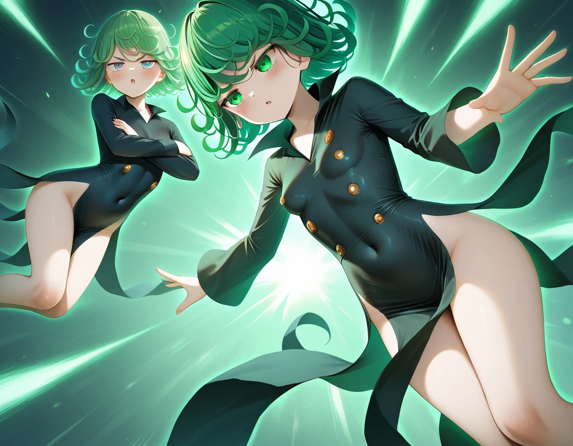 Tatsumaki, one punch man, fit, slim, curvy, slim, thick thighs, bubble butt, green hair, short