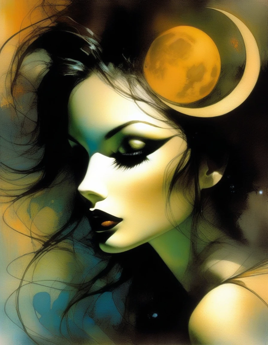 Very attractive nude girl with long black hair, rests by a dark swamp, with two mice next to her, friendly, magical, fantastic mice, night sky, moon, stars, background (art inspired by Bill Sienkiewicz ). oil painting)