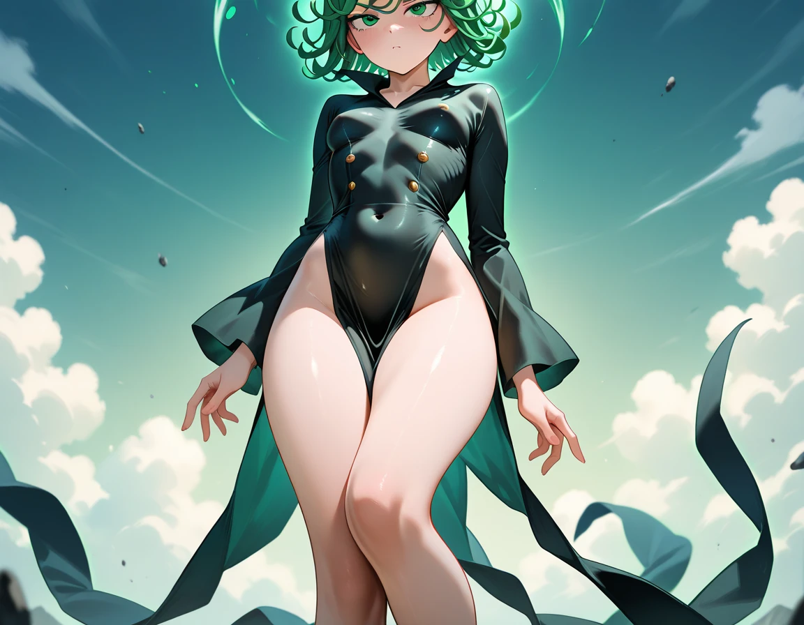 (masterpiece, highest quality: 1.2), alone, 1 girl, Tatsumaki, greedy, closed mouth, looking at the viewer, butt, wide hips, short bikini, Are standing, legs open, blue sky, Bad mood, full body photo, medium breasts