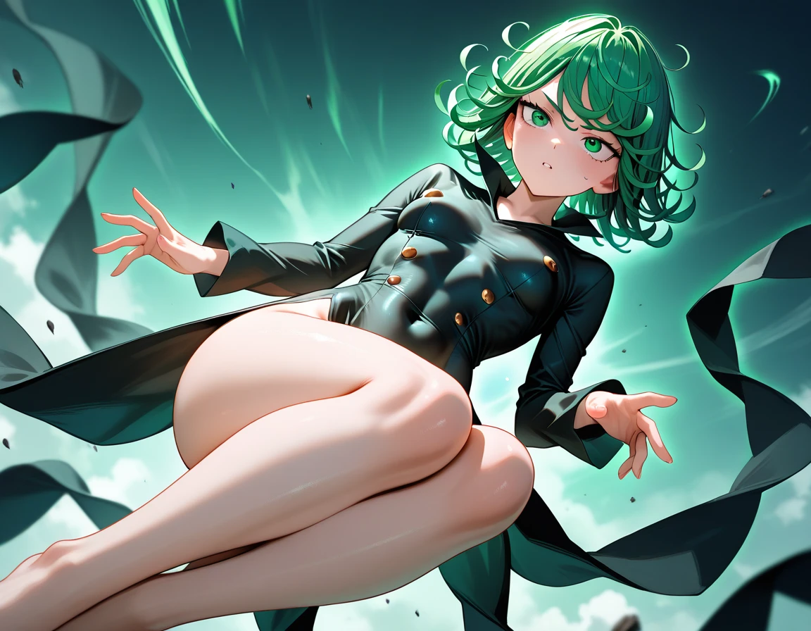 Tatsumaki , Dynamic positions have a golden part, fragile physique, Street, floats in the air, close up portrait, stands leaning towards the floor, beautiful , White Nurse's Coat, Short skirt, breasts fall out from under the robe, leans forward,  very erotic, arches in the back, Portrait of a girl, standing in a sexy pose, leans forward, beautiful фигура, buttocks, beautiful грудь, very sexy, the texture is very durable，The picture is very clear and concise，incredibly beautiful，Temperament elegant，in a spacious room, нежное выражение лица Tatsumaki из One Punch Man, short green hair, green eyes, , heels, full body view, smiling, dynamic pose, Tatsumaki из One Punch Man, short green hair, green eyes, ,dynamic view, (masterpiece, Best quality:1.2),