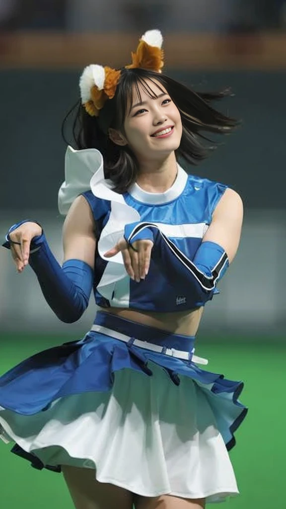 (Beautiful Japanese girl in her early teens), (blue panties), Cheerleader spread legs, nipples sticking out, 1 girl in her early teens, Solo, Cheerleader, perfect hands, angry expression , crop top, blue skirt, pleated skirt, removable sleeves, elbow gloves, looking at viewer, outdoor, stadium