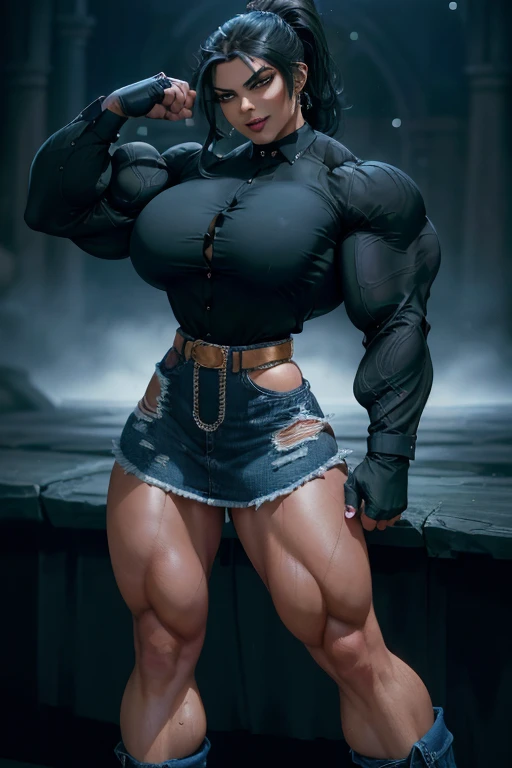 ((((Massive tall, beautiful, buff, brown skinned muscular woman with black hair, tattooed body adorned with intricate designs, ginormous bulky muscles, and wearing a beautiful silk black halter top with black pants)))), ((close view)), massive muscle, massive biceps, hyper muscle shoulders, ((massive muscle arms)) vascular shoulders, hyper muscle triceps, (straight long hair), orange eyes, ((tattooed body adorned with intricate designs)), choker, (pants), high heel boots, (in a crowded Tokyo street), confident smile, night, hyper vascular arm, hyper muscles arms, hyper muscle legs, (massive arms).