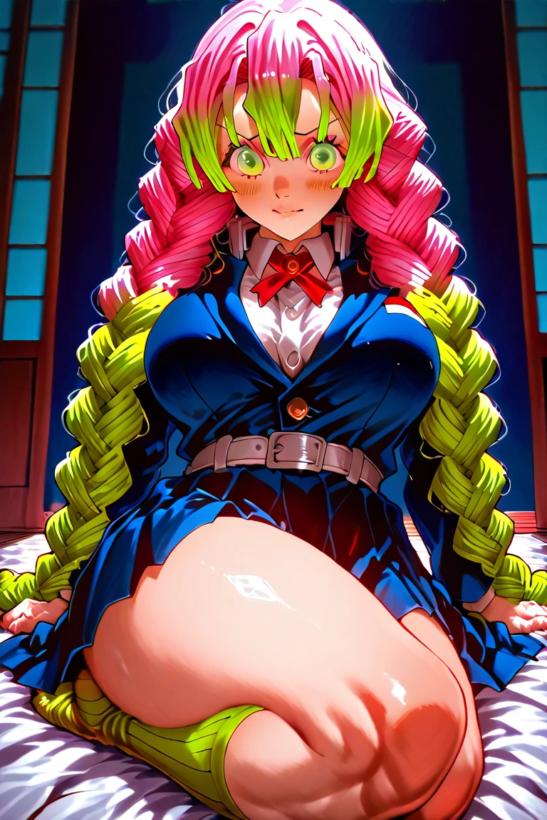 Masterpiece,Solo,1girl,Kanroji Mitsuri,(Kimetsu No Yaiba),Big Breasts,Pussy,Perfect Body,Sexy Body Hot,Photograph 16K,High Quality,High Resolution, Multicolored Hair,Pink Green Hair,Beautiful,Beautiful Woman,Naked,Classroom Background 
