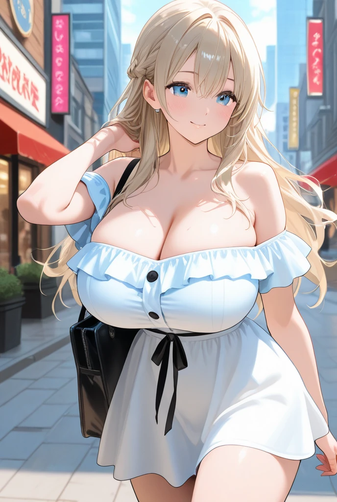 masterpiece, Highest quality, High Resolution, HS1,blush、smile,NSFW、Big Breasts、On the road、White dress、Straw hat