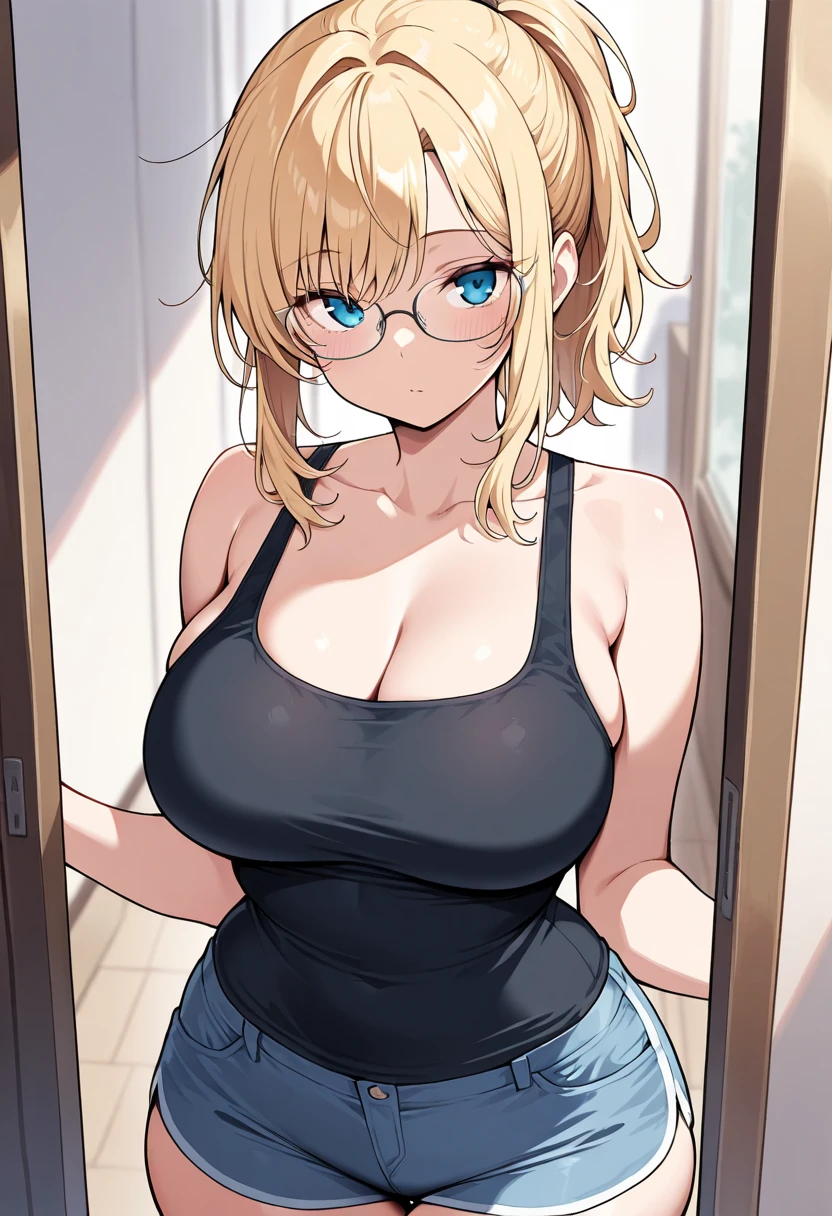 (masterpiece:1.3), (ultra detailed:1.3), (detailed hair:1.2), (detailed face:1.2), (detailed body:1.2), 1girl, alone, medium hair, blond hair, ponytail, glasses, (((curvy))), petite, (large breasts), medium breasts, tank top, short pants, agura