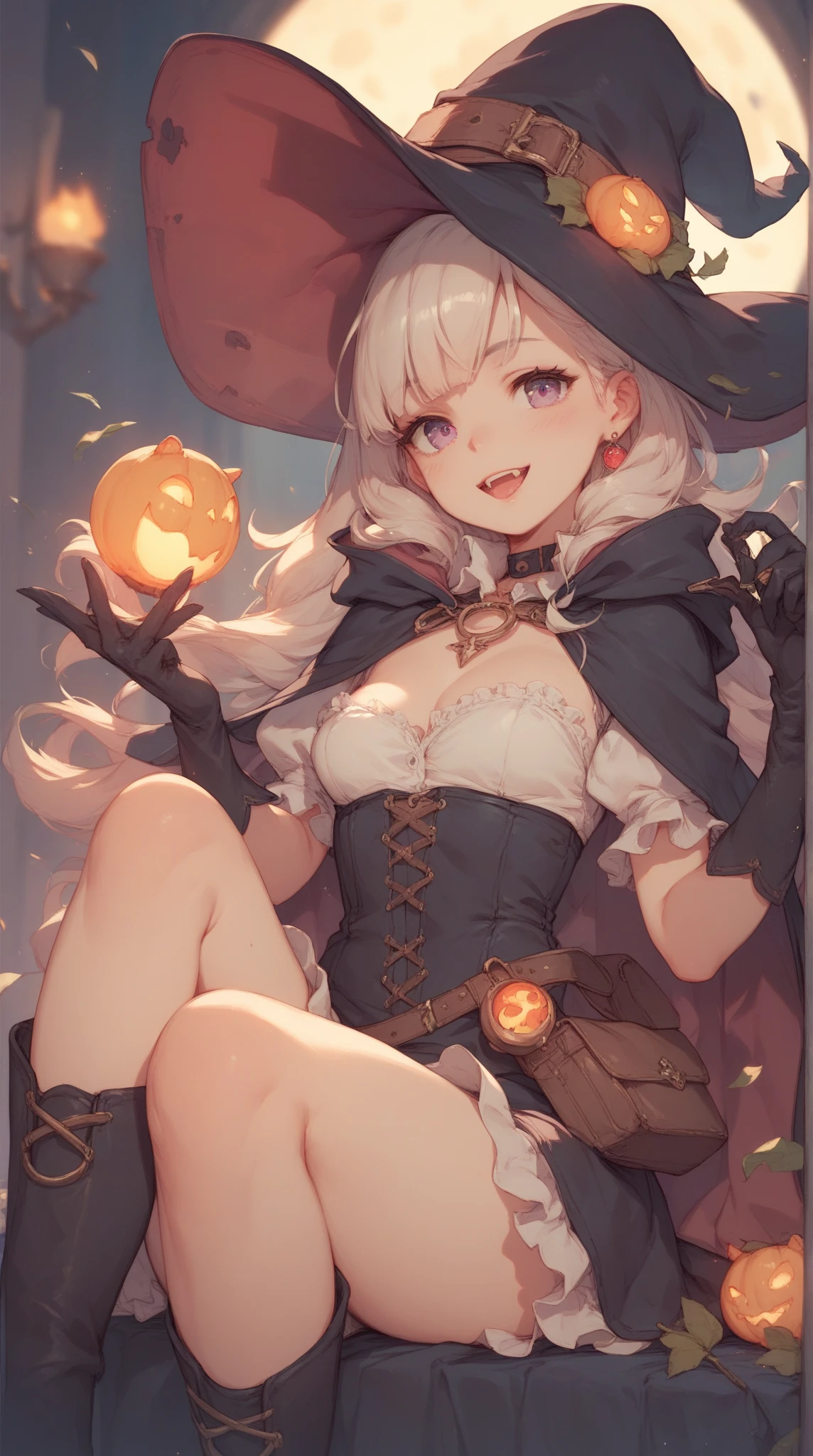 masterpiece, best quality, absurdres, perfect anatomy, 1girl, solo, Secelia Dote, short hair, witch, witch hat, tight dress, fishnets, fishnet pantyhose, cleavage, black dress, smile, parted lips, sitting