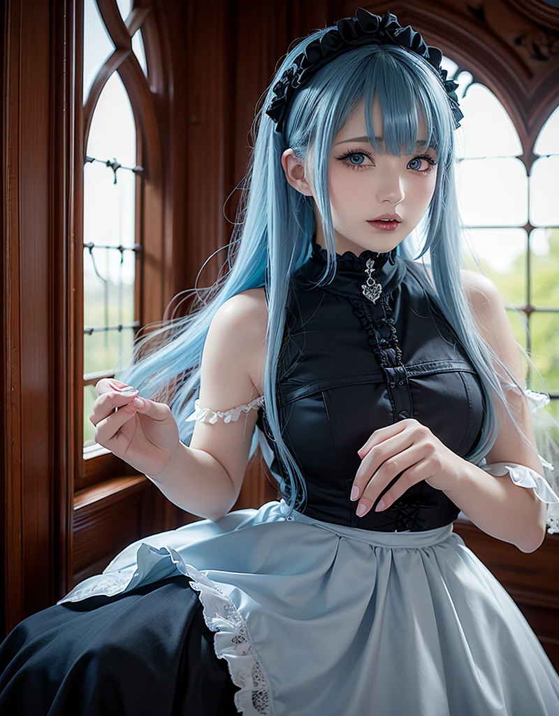 best quality, masterpiece, super high resolution, (realistic:1.4), original photo, 1girl, black bow, black gloves, black legs, blue eyes, (((blue hair)), bow, collarbone, dress, drilled hair, frilled dress, frilled dress, frills, gloves, gwen\(League of Legends\), hair accessory, high resolution, league of legends, long hair, parted lips, fluffy sleeves, pink pupils, smile, solo, white dress, x, x hair ornament, delicate face,