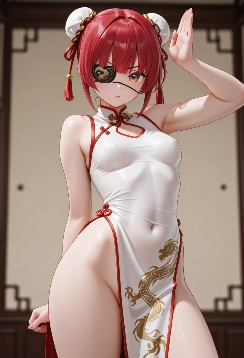 super thin fabric,((see through cheongsam)),bun,wet