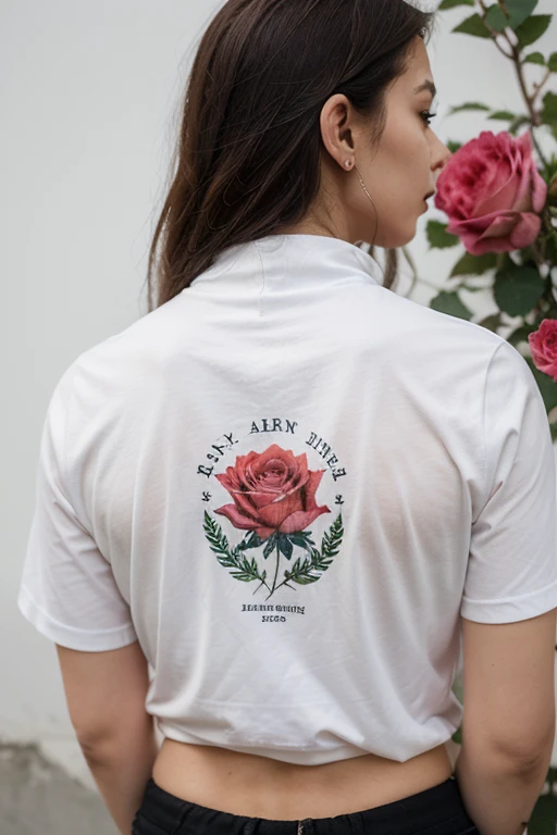sexy secretary, ((innocent face)), erotic pose joining the breasts with the elbows, T-shirt with neckline, Many tattoos