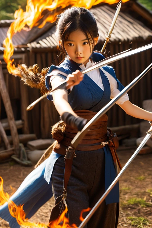 Highest quality realistic photos, Beautiful female swordsman, Wear blue and go to battle