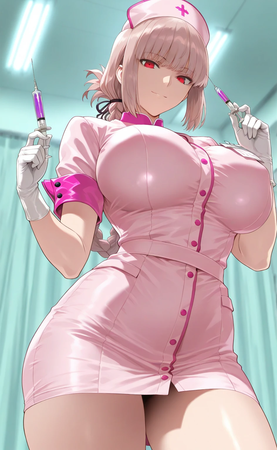 masterpiece, Highest quality、Inside the hospital、Shiny skin:1.5、Huge wide breasts、moving,((Nurse Cap, Short sleeves, Light pink nurse wear, ((White legwear, Absolutely delicious, White gloves))、whole body、Random Pause