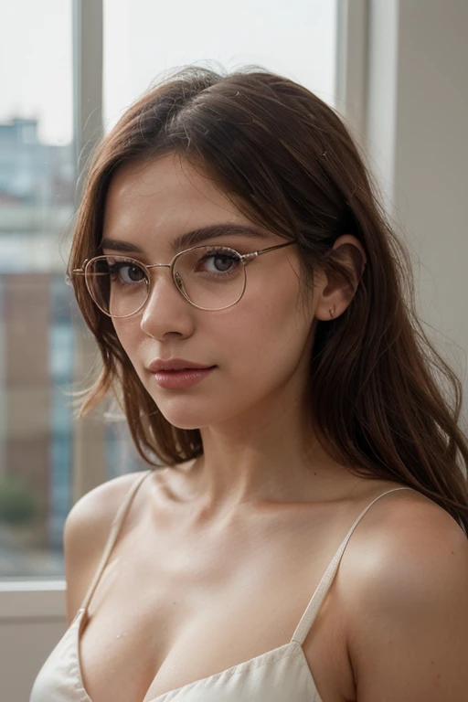 (masterpiece, Best Quality, photorealistic, ultra-detailed, finely detailed, high resolution, 8K wallpaper), 1 beautiful woman, nude ((full body)), earrings, necklace, light-brown messy hair, perfect dynamic composition, beautiful detailed eyes, white glasses, no bra, like a fashion magazine cover work, in the city