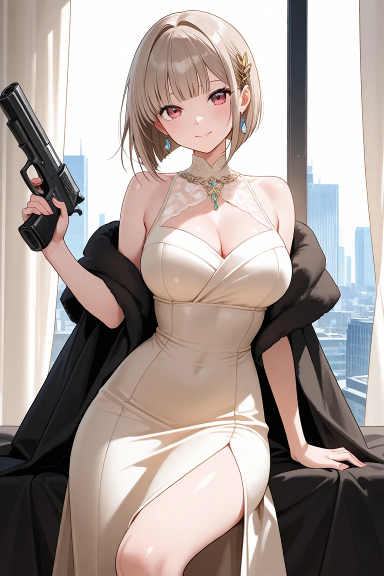 Highest quality、Ultra HD、One Woman、(Blonde Ponytail 1.3)、(Black Dress 1.3)、(Black Heels 1.1)、(Thigh 1.2)、((Shoot a gun 1.2))、(White ribbon 1.2)、(Beautiful face like a Japanese actress 1.2)、(Pearl Necklace)、tall、(Black wristband on right wrist)、Adult women、Slender body、((Large Breasts))、(Sunset city background 1.2)、((Clear and beautiful touch))