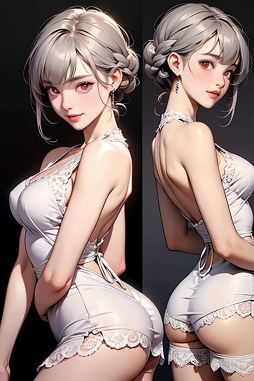 detailed, revealing, underwear, silver hair, short cut, huge breasts, big ass, showing ass, looking at the viewer, sweaty, muscular, vulgar face, Hiromitsu Takeda style --auto --s2