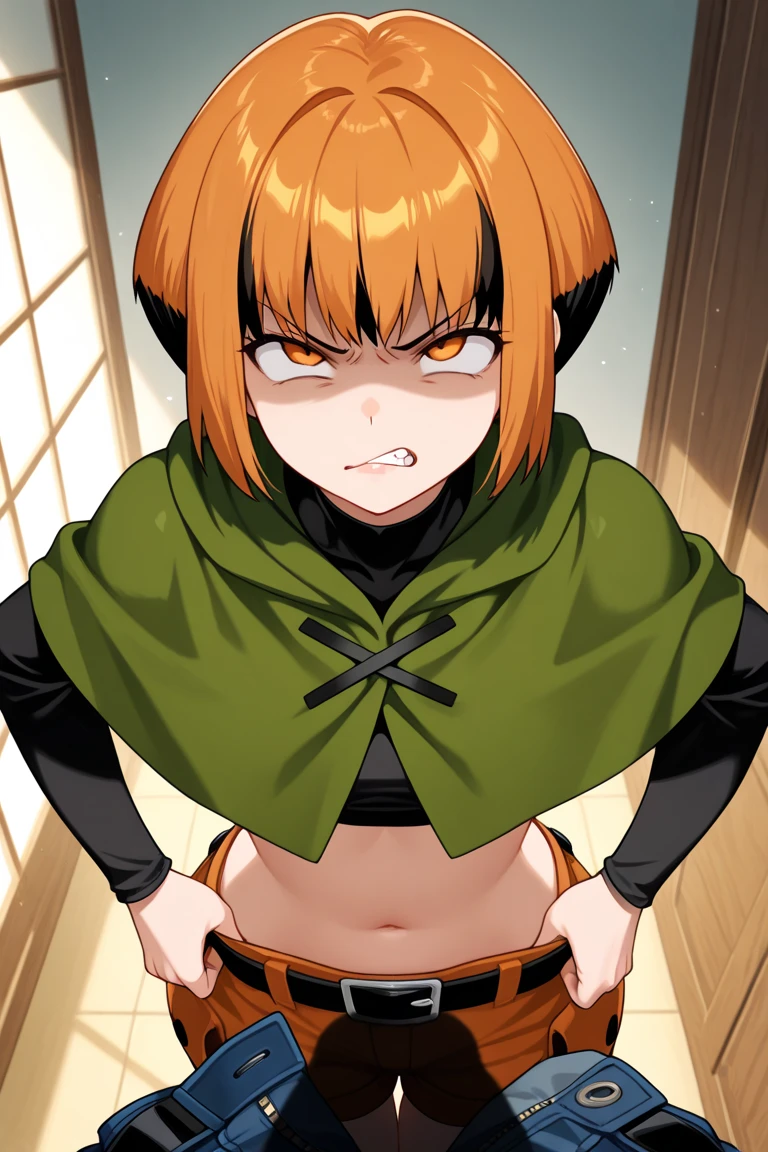 mikan, anime art style, 1girl, breasts, looking_at_viewer, short_hair, large_breasts, gloves, 1boy, navel, cleavage, brown_eyes, cape, orange_hair, hand_on_hip, goggles, goggles_on_head