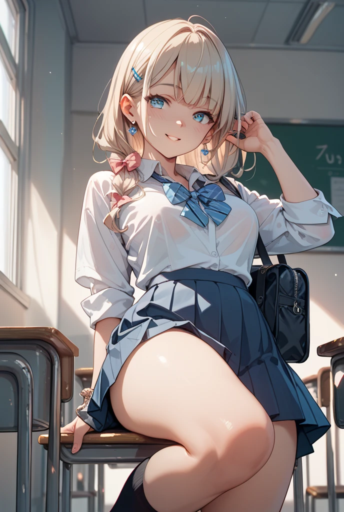 anime artwork, score_9, score_8_up, score_7_up, score_6_up, score_5_up, score_4_up, r,Camie Utsushimi, light brown hair, dark brown eyes,, breasts, , big breasts, at school, (school uniform:1.2), , cap, she is 24 years old, , rating explitic, wet whirt, ,horny, solo, , white stockings, shoes,,style_3, text on board: "I love...", standing, 