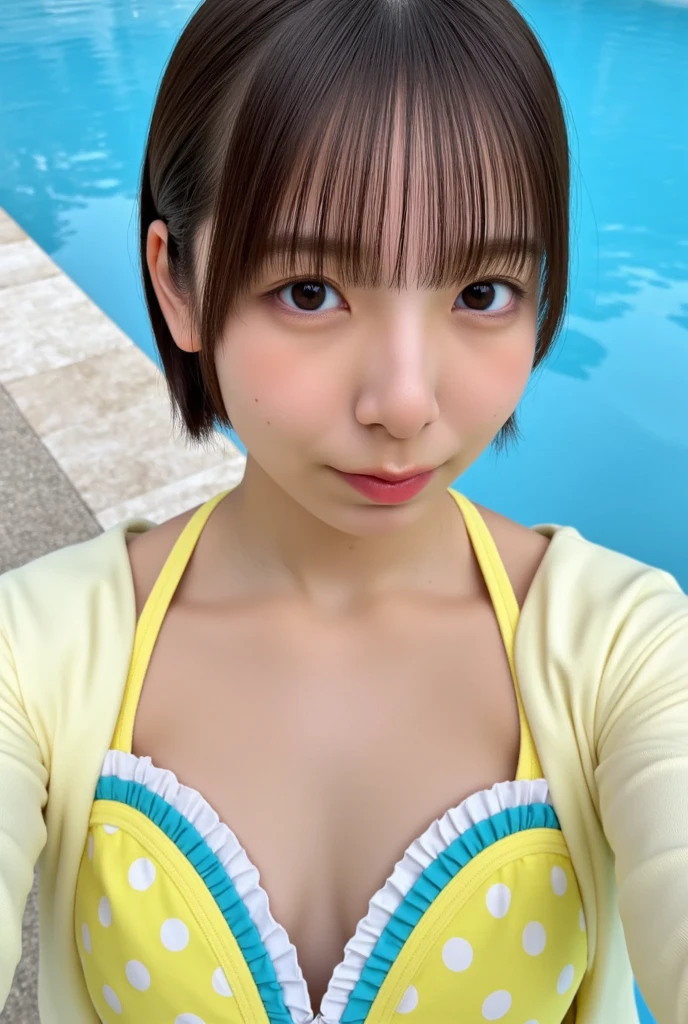 A cute, beautiful, voluptuous Japanese woman in her late 20s with medium-long bob haircut, skydiving at 4000 meters above sea level.、They are having so much fun that they are spreading their arms and legs out in excitement.、She looks great in a micro bikini