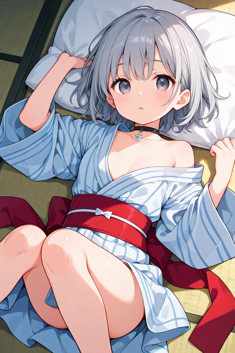 NSFW, white hair, blue eyes, medium straight hair, medium bust, heart-shaped eyes, adult female, solo, futon, open yukata
