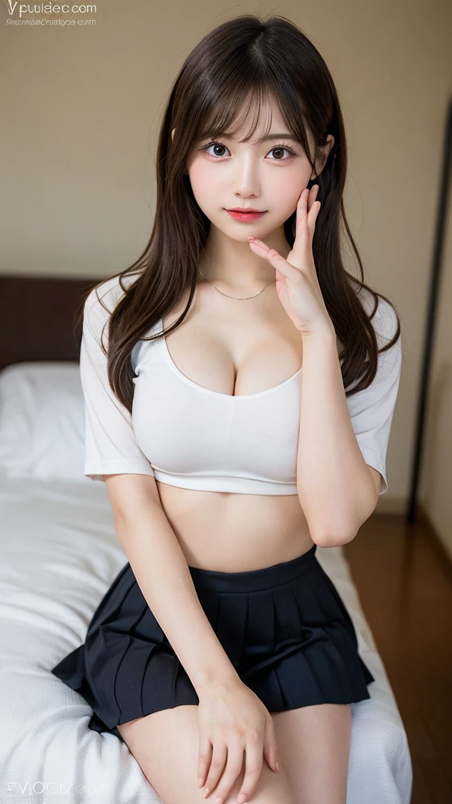 (RAW shooting:1.2)、(Photorealsitic:1.4)、(​masterpiece:1.3)、(top-quality:1.4)、Japan Young Women、Wearing a high school uniform、Strong winds pull up the hem of the skirt.、Impossibly short skirt、Very very cute face、(ふしだらなＹDark blue micro mini pleated skirt on shirt:1.3)、(large full breasts:1.3)、beauty breast、(cleavage of the breast)、Fluffy breasts、sexy  pose、(The skirt is flipped up and the panties are visible:1.4)、(Crisp focus:1.2)、(Cute woman with perfect body shape:1.4)、The best smile、Light Brown Medium Bob Hair、A slender、(abdominals:1.2)、shinny skin、Highly detailed facial and skin texture、A detailed eye、二重まぶた、(Show off panties with both legs open:1.4)、Panties visible on camera、Looking down at the camera、Angle seen from below、low angles、(extemely sexy:1.3)、bokeh dof、obscenity、erotick、