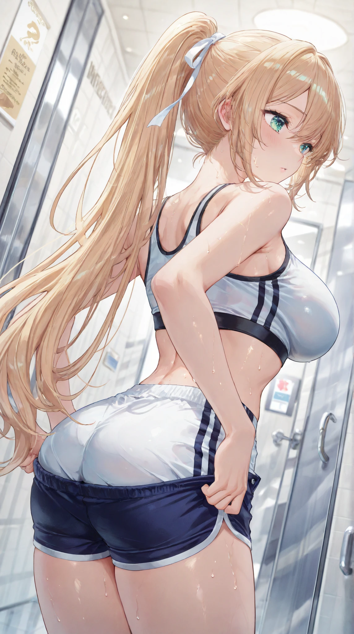 Very detailed、highest quality、Best image quality、masterpiece、8k、Anime Face、A kind smile、Open your mouth、Sparkling blue eyes、(Long blonde wavy hair:1.5)、Heavy bangs、wearing a maid&#39;s headband、(SFW huge body)、(((Rear View)))、Cowboy Shot、(Wearing a white T-back:1.5)、Muscles of the whole body、Kneel、Put your hands on your hips

