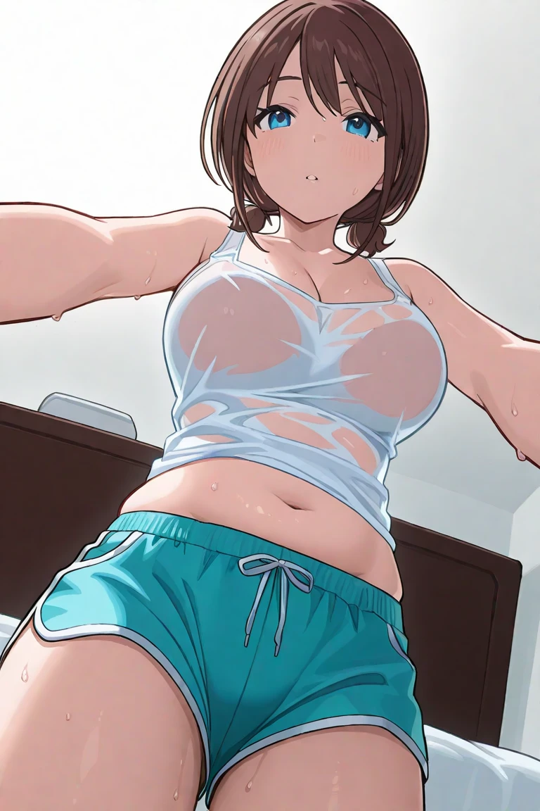 (Perfect body),Best Quality,(8K Portrait),(Official art)、(NSFW)、(((muscular)))、(glares)、embarrassed from、1girl in,(:o)、(((thick thighs)))、(((blush))),(Sweat),((((large udder))))、(big butts)、(Dark hair),((bob cuts)),Short hair, (Yellow eyes),((Light Blue Bra))、(light blue pantie)、Black knee socks、((Hands restrained above head))、(Armpits)、(((spreading legs)))、Cuffed、(Dark concrete room)、natta、is standing
