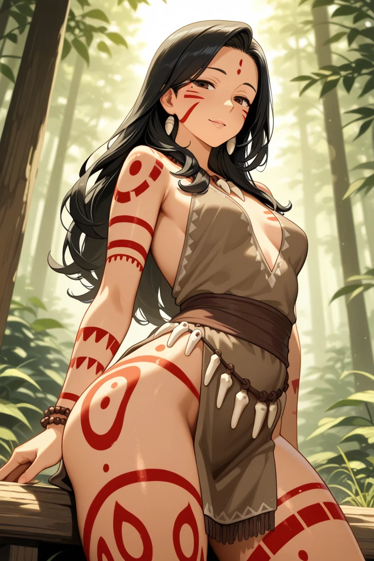 1 girl, (dark skinned female, black hair:1.4), black eyes, tribal girl, tribal accessories, naked, tribal tattoos, smirk, Island background, black nipples, sitting on a rock, legs spread, masturbating, anime, body