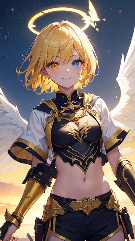 Girl, pale white skin, short gold hair, Gold eyes, white angel wings, gold corona, flat chest