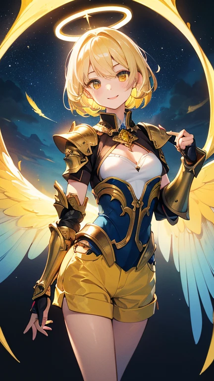 (Perfect Anatomy)、Mastepiece、Ultra High Quality、 8K、masterpiece、Highest quality、Ultra-high resolution、Maximum resolution、Very detailed、Professional Lighting、anime、woman、thin、so beautiful、Highly detailed eye、Highly detailed face、Golden earrings、Blonde, hair bun, Yellow Eyes、Mid-chest,Valkyrie armor, white open mini skirt , full body, gold pattern, white super long boots, white long gloves, female martial artist, high heels, white clawed gauntlets, white cute headgear, fighting stance, gold knee armor, glowing eyes, madeon, squatting, ((outstretched hand)), happy, spread arms