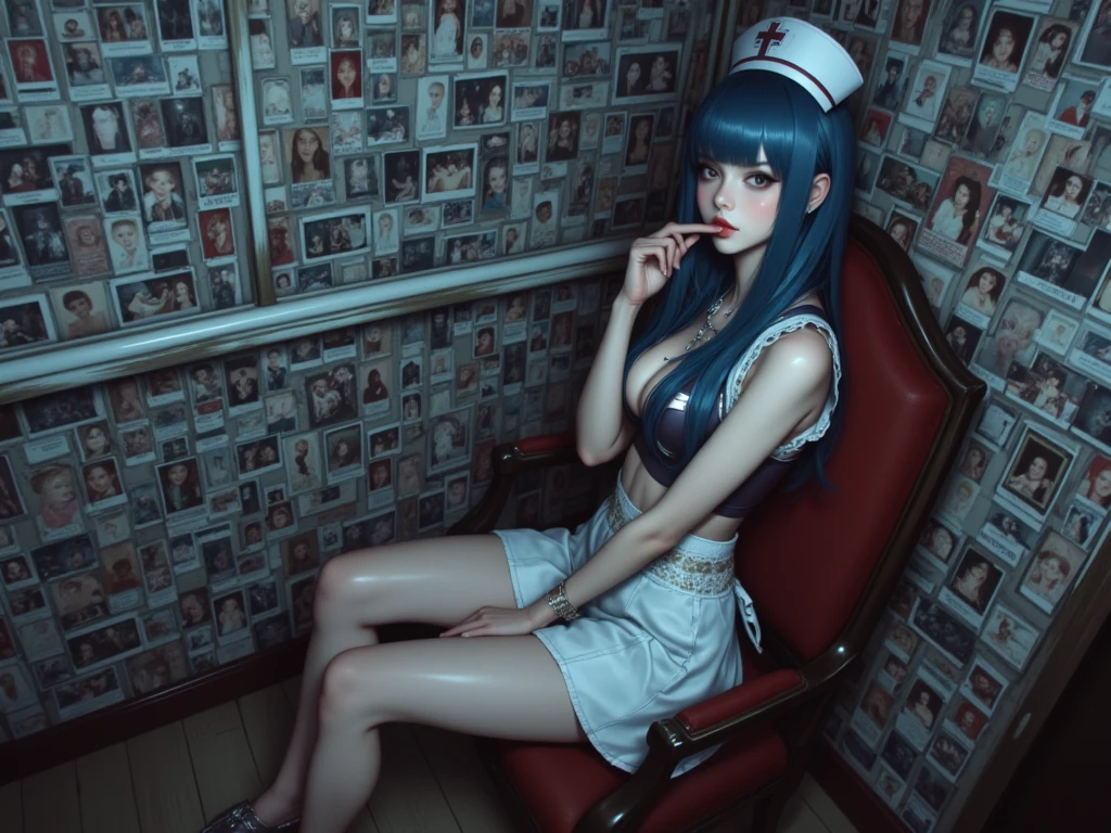 Nurse uniform、Hospital room、Squatting and spreading your legasterpiece:1.4, best quality), (intricate details), unity 8k wallpaper, ultra detailed, beautiful and aesthetic, perfect lighting, (1girl), (blue hair, blue eyes, medium breasts),, dynamic pose, dynamic angle, lipstick, slim, slim body, medium breasts, , detailed background, realistic, solo, perfect detailed face, detailed eyes, highly detailed, blush, hair ornament, rolling_eyes, cross-eyed,