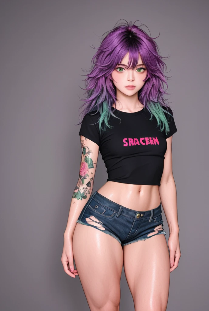 Purple-haired woman showing off her genitals on the side of the road，Pubic hair is thick，Pregnant potbelly，There are tattoos on the vaginal opening，Vaginal thrust by