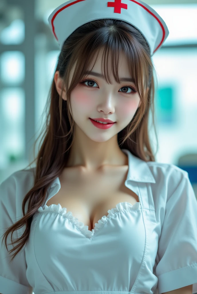 masterpiece、Highest quality、Ultra-high resolution、RAW Photos、Realistic、Bright lighting、Face Light、Smooth Professional Lighting、(whole body), (sit on Chair), (from above:1.2), (Put her elbows on the desk:1.2), (rest her chin on her hand:1.2)、one personの女の子、Perfect model body shape、Beautiful Eyes、Big eyes、Inconspicuous tear bags、(slim:1.2)、bangs、Brown Hair、Red、(Medium sized big breasts:1.1)、Clothing Surroundings、Waist、clavicle、Eyebrows visible through hair、smile、jewelry、Long Hair、ear、Earrings,(unbuttoned Formal shirt:1.4), (Skirt:1.1), (high heels:1.2)、black eye、smile、one person、office、zero、desk、figure、fashionable、woman、Vibrant, (smile)、colorful、dynamic、background、element、have confidence、performance、Keep、statement、accessories、Surroundings、Touch、scene、Bold、to attract attention、stylish、Impression、modern、trend、concentrated、fashion