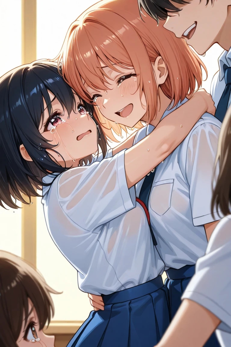 (masterpiece, best quality, ultra-detailed, high resolution, detailed eyes), takeda hiromitsu style, {{{2women}}}, school girl uniform, {pet collar}, french kissing, hugging, looking at viewer, (blushing:1.3), (tongue out:1.3), (drool:1.4), breath, orgasm, cowboy shot, sweaty skin, tears
