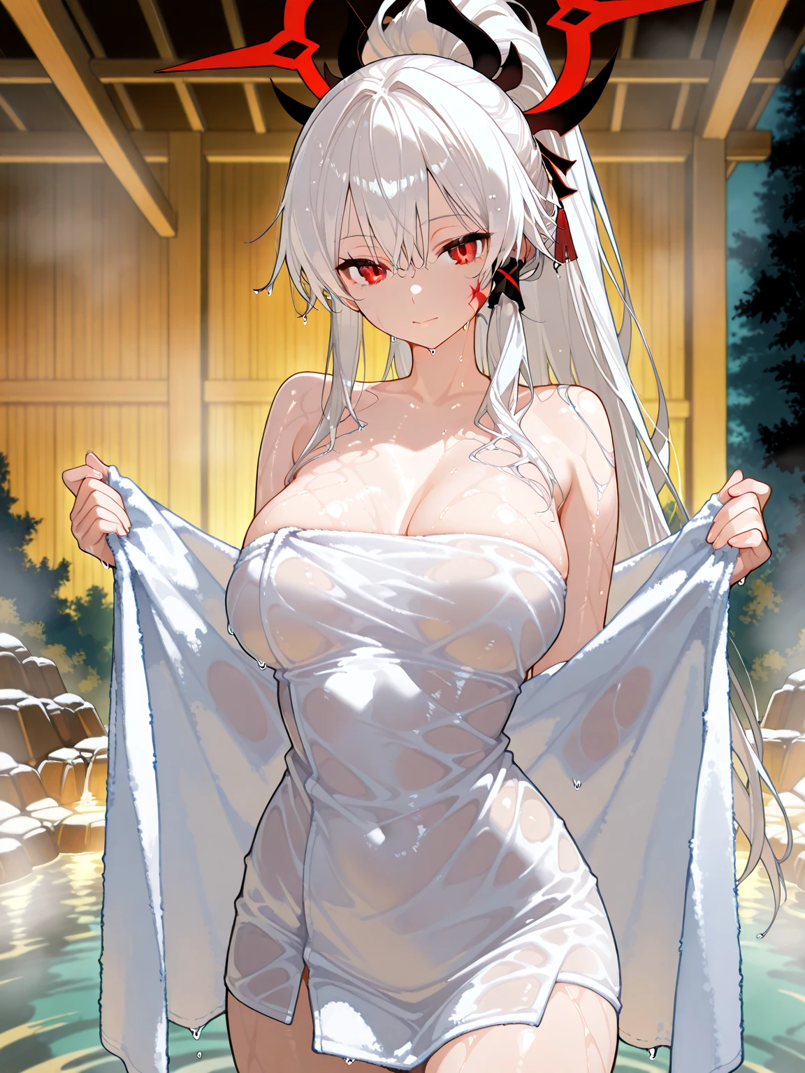 a 1girl, white colored hair, violet eyes, portraite of a, realisti, Towel, (well-lit) onsen, wallpaper background, nsfw.