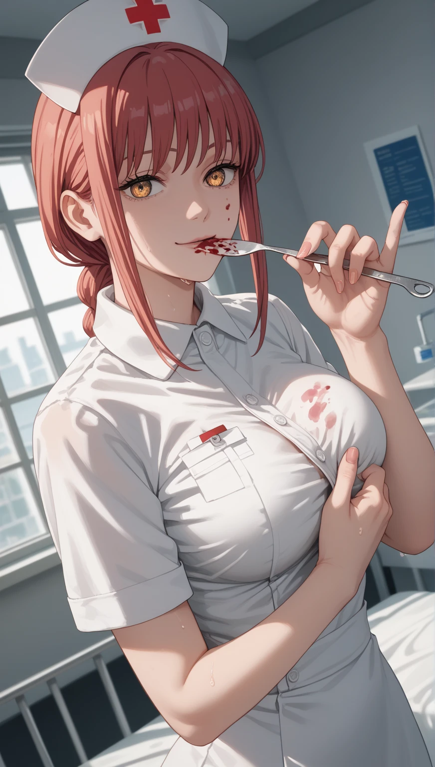 ((highschool student : 1.1)) , (beautiful woman: 1.2), ((she's fighting with bloody all over her body and face : 1.6)), (detailed student background : 1.3), ((light purple eyes : 1.3)), (orange color hair : 1.3), (a boyish short hair with a wavy baby perm : 1.3), (big breast : 1.2), (tall : 1.3), (skinny body : 1.2), (wearing the garterbelt : 1.2), (White with black tie and black skirt : 1.1), ((panties exposed : 1.1)), (Scene taken below : 1.1),(eyes glazed over : 1.4), (mouth smiling loudly : 1.3), (Sexiness revealed through clothes : 1.2)