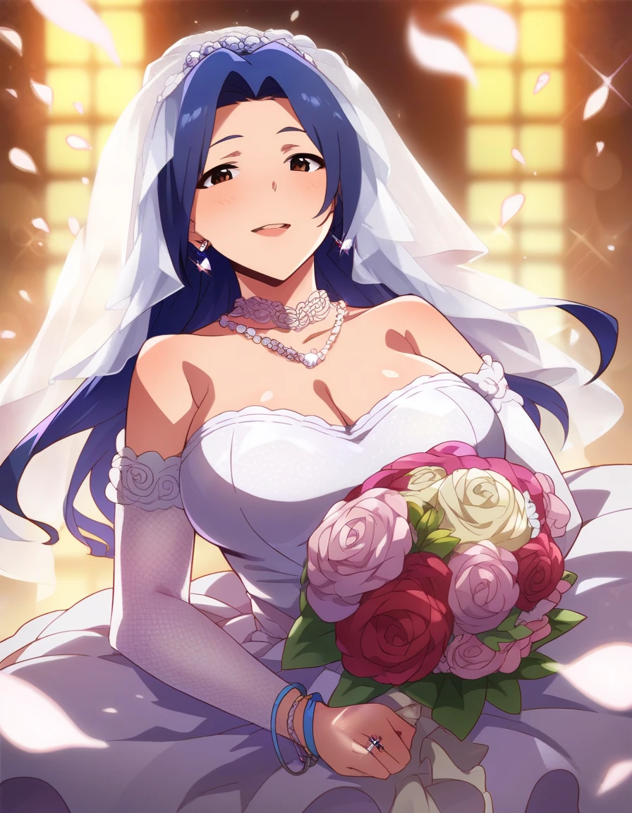 "(optimum,wedding gown,holding flower bouquet,one-girl,chies)tmasterpiece,high qulity,A high resolution,New World No. 1,Headphones around your neck,wedding gown,Bridal veil,whitegloves,Cowboy close-up,standing on your feet,ssmile"