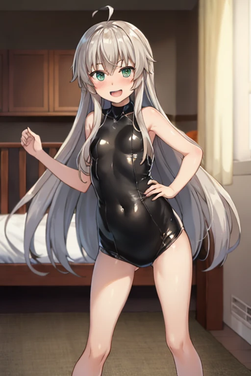 masterpiece,best quality,ultra detailed,8k,loli,8 years old,flat chest,silver hair,long hair,straight hair,green eyes,hair between eyes,embarrassed,blush,latex bodysuit,covered nipples,room,action,