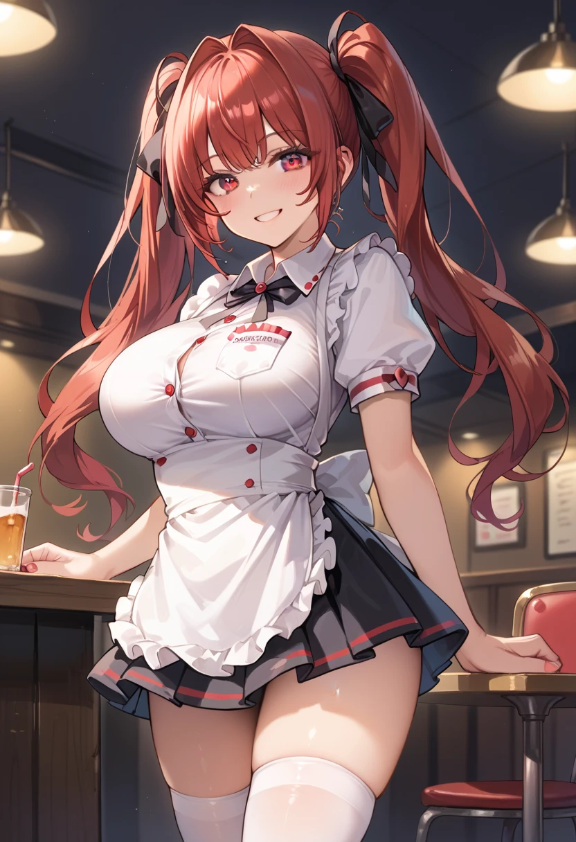 One Woman、beautiful girl、waitress、20-year-old、Side Ponytail、restaurant、waitressの制服、Short skirt、Black Pantyhose、Highest quality, smile,Big Breasts、Very big boobs、Put your on the table、 sinking into the table、Put your boobs on the table、Bust up angle、Place breasts on table、Jiggly breasts、Putting the udder on the table、Put your on the table