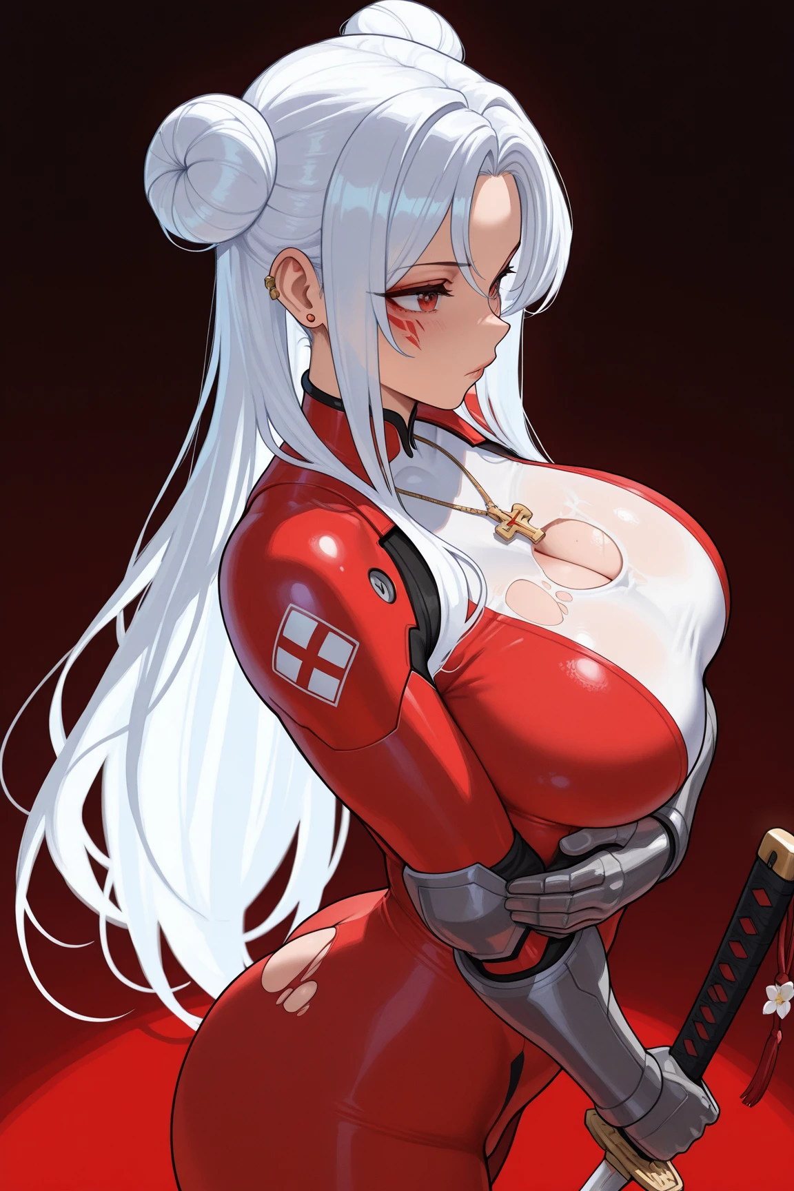 1girl, white hair, long hair, red eyes, serious, glowing eyes, large breasts, thick thighs, mature female, athletic  female, toned, leotard, black leotard, thighhighs, belt, knife, knifes, pantyhose, ((belt)), black pantyhose