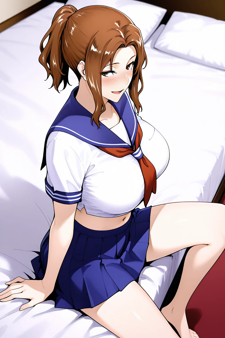 Stiff shoulder, Kumiko Oumae, (Brown eyes:1.5), Brown Hair, (Big Breasts:1.5), (short hair), (Wavy Hair), Hot face, Blushing break high school girl, , ((Sailor suit:1.3)), ((Blue pleated skirt:1.3)), ((Blue sailor collar:1.3)), ((Red ribbon:1.3)), break indoors, ((lying o bed:1.3)), ((Arms above head:1.3), ((Showing panties:1.3)), break looking at viewer, (Cowboy Shot:1.5), ((Dutch Angle:1.3)), ((spread legs:1.3)), break ((Smooth texture:0.75, Realistic texture:1.1, Realistic:1.3, Anime CG Style)), (masterpiece:1.2), highest quality, High resolution, unity 8k wallpaper, (figure:0.8), (Beautiful fine details:1.6), Highly detailed face, Perfect lighting, Highly detailed CG, (Perfect hands, Perfect Anatomy),