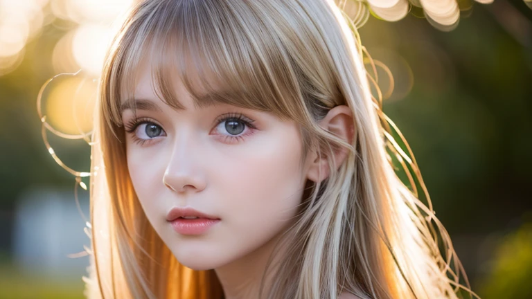 10 years old girl REDHEAD, golden eyes, platinum hair girl, pearl brooch in hair, GREEN BACKGROUND.